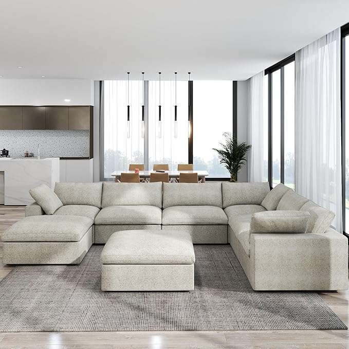 JACH 160" Cloud Sectional Couch, Overzised Down Filled Comfy Couch, 8 Seater Convertible Modular Cloud Sofa for Living Room, Minimalist Deep Seat Modern Couches,Sofa Cover Removable, Khaki