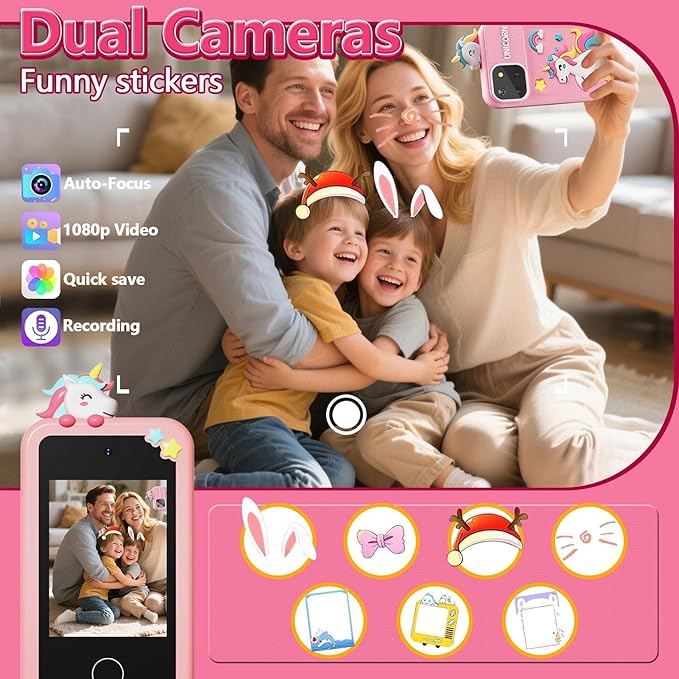 BEBESIRI Kids Camera Mini Smartphone Toy for Girls, 2.8" Touch Screen, 22 Learning Games, Dual Camera, Music Player, 32GB Card, Christmas Birthday Gift, (Pink Unicorn)