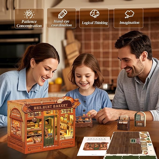 Cutefun Book Nook Kit - DIY Miniature Bread Shop Booknook Kits for Adults and Teens, 3D Wooden Puzzle Bookend Bookshelf with LED Light, Gifts for Family and Friends (Mrs.Hunt Bakery)