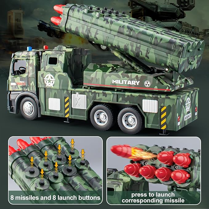 Army Toys for Boys Age 4-7, Military Vehicle Toys with Missile Launcher Metal Cab, Friction Powered Military Truck with 8 Missiles, Lights and Sounds
