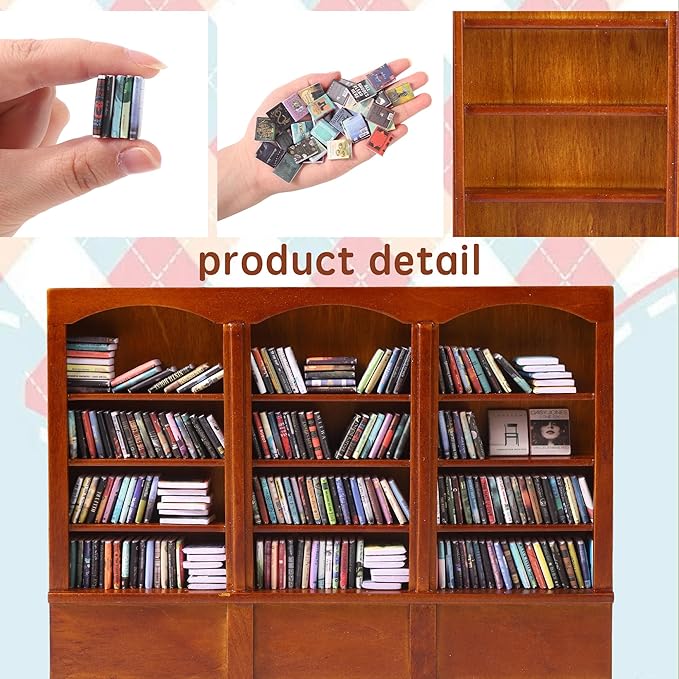 DIYDEC Mini Bookshelf with 240pcs Mini Books Sofa Desk Plant Miniature Anxiety Bookshelf Ornament Tiny Small Library Decor Shake Away Your Anxiety for Book Lovers Gift Home Room Office