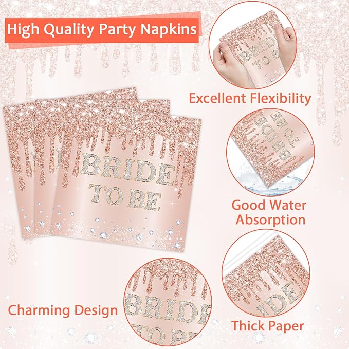 96Pcs Bridal Shower Party Decorations Rose Gold Themed Tableware Bride to Be Paper Plates Napkins Pink Bride to Be Dinnerware Party Supplies for Bachelorette Bridal Wedding Engagement Serves 24 Guests