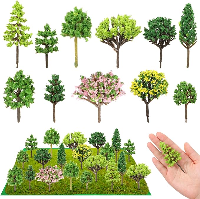 56 Pcs Diorama Trees Kit Include 55 Pcs Plastic Model Trees for Crafts 1 Piece 7.9in-11.8in Green Lawn Decorative Mini Fake Miniature Tree Materials for Scenery Architecture DIY Craft