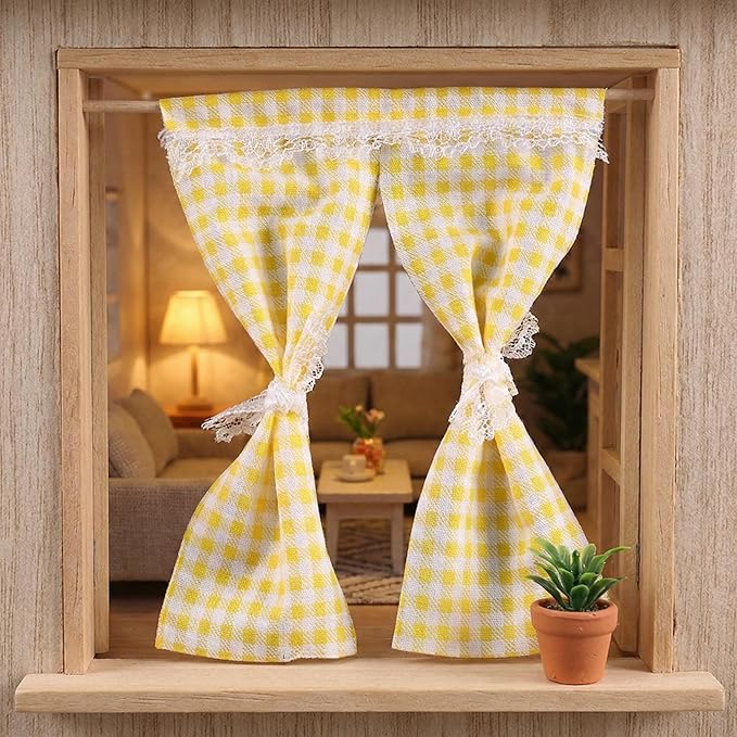 TOYANDONA 4Pcs Miniature Curtains for Dollhouses Drapes for DIY Decor Kitchen Bathroom and Bedroom Realistic Patterns Easy to Install Dollhouse Accessories