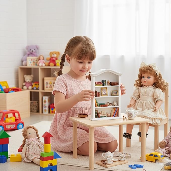 Miniature Book Shelf 1:12 Mini Bookshelf Dollhouse Furniture Accessories White Wooden Bookcase for Doll House, Books Storage Shelves, Classic Display Decoration Accessories, Cute Small Items