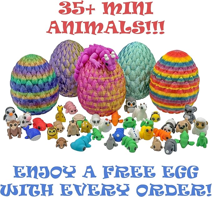 Articulating Animal Figurines – 10-Pack Mystery Mini Collectibles in Egg | 35+ Designs, Rainbow Colors, Premium Toys | Unique Gift for Kids & Adults by VDK Printing (MysteryEgg010)