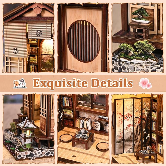 Book Nook Kit - DIY Miniature House Kit for Adults and Teens, Booknook Tiny Japanese Dollhouse Kit Bookshelf Decor 3D Wooden Puzzle, Gifts for Family, Friends