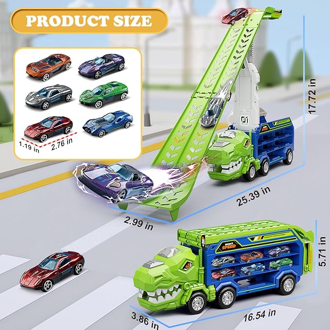 Dinosaur Truck Car Toys for 3, 4, 5, 6, 7, 8 Years Old Kids, Carrier Truck Race Track Toys, Foldable Transport Car Toy with Foldable Race Tracks, 6 Metal Cars, Birthday Gifts for Toddler Boys Girls