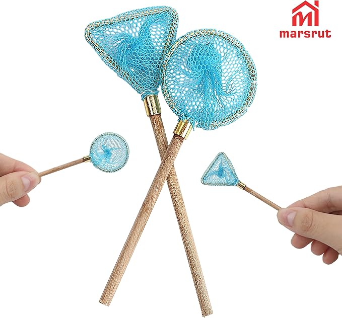 1 Set Miniature Fishing Rods and Fish Net Set for 1:12 Scale Dollhouse Decoration, Mini Fairy Garden Micro Landscape Furniture Accessories, Beach Pond House Decor Crafts with Fishing Pole Gear Models