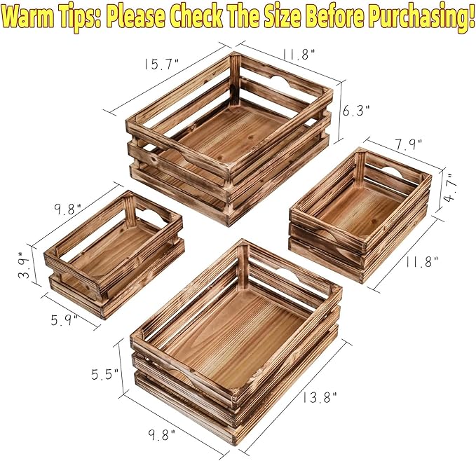 Large Wooden Crates Set of 4 Decorative Storage Box with Handles, Rustic Torched Brown Farmhouse Wooden Crates for Display, Organizer Container Baskets Box for Kitchen, Pantry, Bedroom