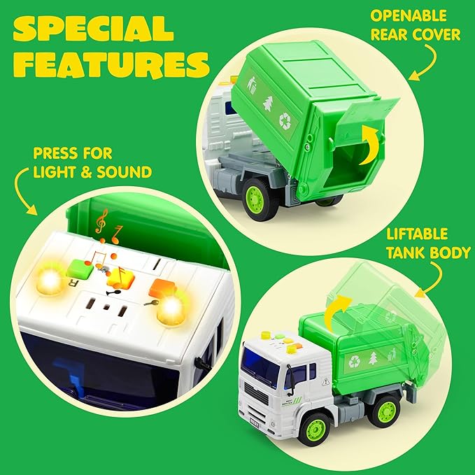 JOYIN 4 Pcs 7" Long Vehicle Toy Set, Toddlers Cars with Lights and Siren Sound, Including Play Police Car, School Bus, Garbage Truck, Ambulance, Birthday Party Gifts Toys for Boys 3-5