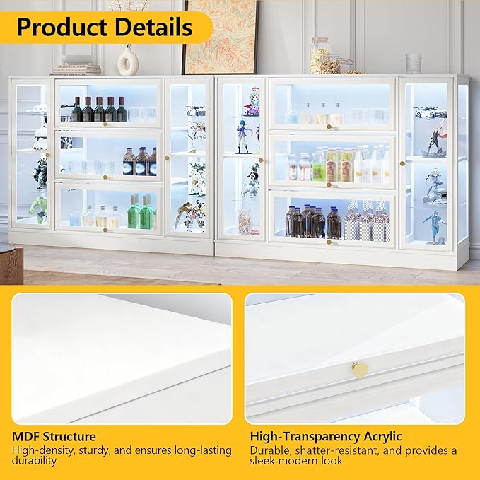 Display Cabinet with Acrylic Glass Doors,Extra Wide Curio Cabinet with LED Lighting for Collectibles, Collectibles Toy Organizers Rack & Display Shelf Display Case, White
