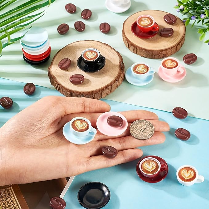 40Pcs Resin Mini Coffee Bean Cups Plates Dishes Miniature Kitchen Set Fake Drink Food Coffee Mug Lovely Tableware Dollhouse Ornaments for Desktop Decorations Crafts Micro Landscape