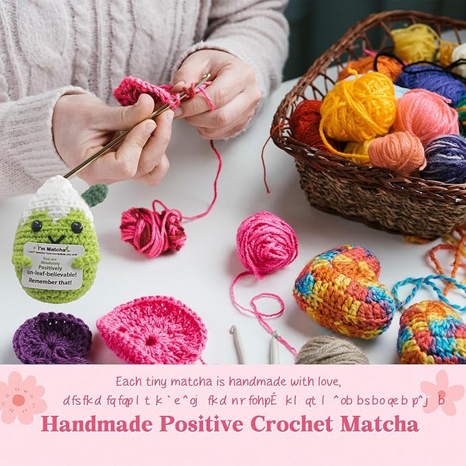Fouliki Mini Matcha Crochet Gift,Cute Handmade Positive Crochet,Birthday Gifts for Women Men Presents,Handmade Emotional Positive Crochets Matcha Decor,Office & Home Decor