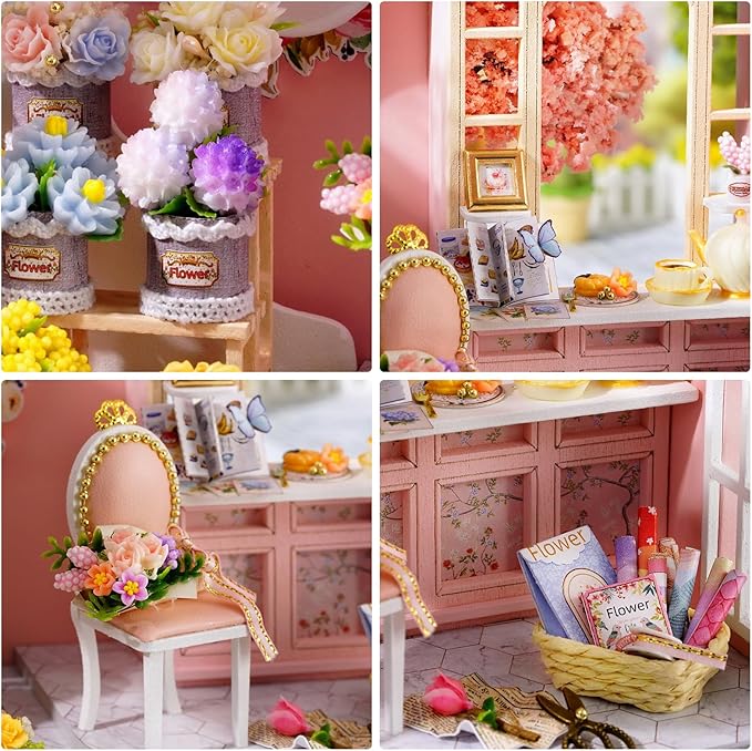 DIY Miniature House Kit, Dollhouse Kit with LED Light, Mini House Building Kits for for Adult to Building, Christmas Home Decorations Gifts for Family and Friends, Pink World