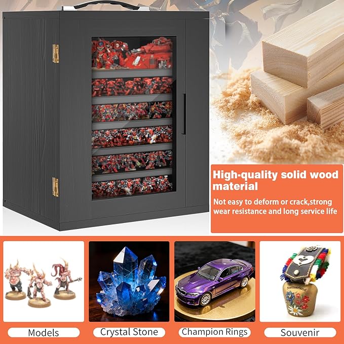 Miniature Storage Case for Collectibles, Miniature Display Cases with Magnetic Door and 6 Trays, Clear View Miniatures Transport Case (Black)