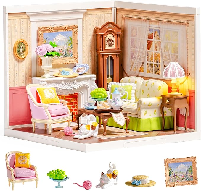 ROBOTIME Super Creator Kits, DIY Miniature House Kit with LED, Plastic Mini House, Toy Building Set for Adults, Craft for Home Decor Unique Gift (Holiday Tea Time)