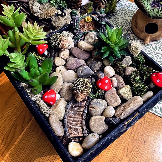 CooBigo 6 Pack Mini Mushroom & Resin Hedgehogs Figurines Micro Wood Mushroom for Fairy Garden Wild Landscape Pots Handmade DIY Decor Accessories