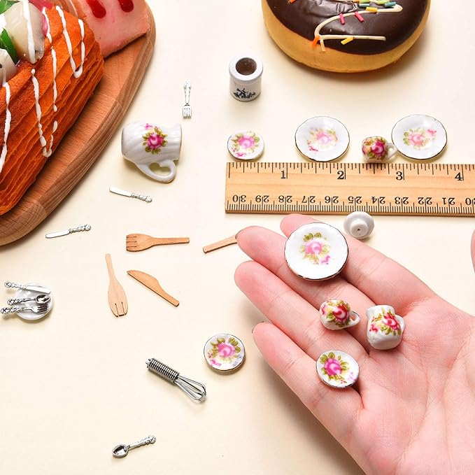 Skylety 37 Pieces 1:12 Scale Miniatures Dollhouse Kitchen Accessories Include 16 Plates Knife Fork Spoon, 6 Egg Beater Utensil, 15 Tea Cup Set(Red Rose)