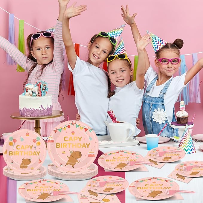 96 Pcs Pink Capy Birthday Party Decorations Cute Cartoon Capy Paper Tableware Set Pink Animals Theme Disposable Plates Napkins Forks for Kids Birthday Baby Shower Animal Party Supplies Serve 24 Guests