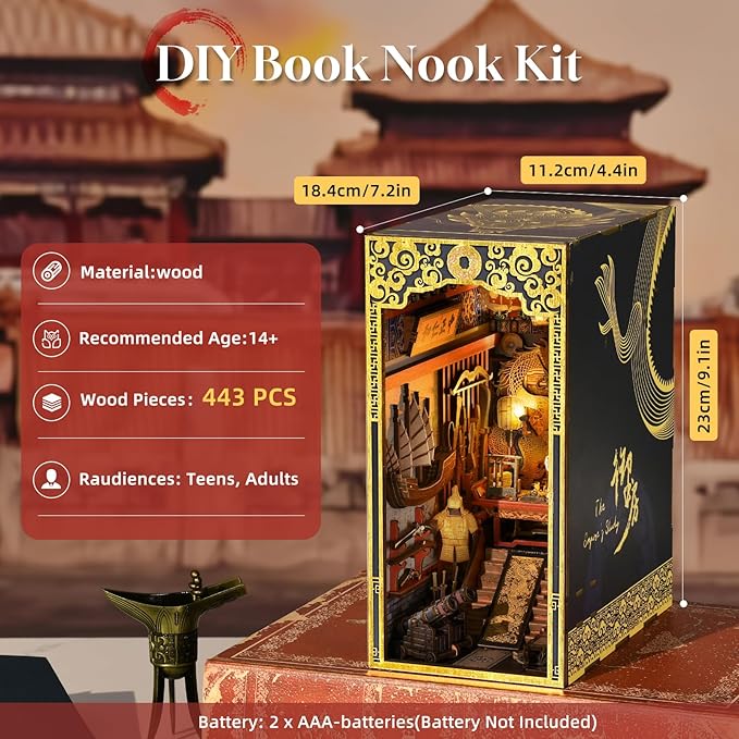 Book Nook Kit, 3D Wooden Puzzle for Teens and Adults, DIY Miniature Dollhouse Booknook Kit Bookend Bookshelf Insert Decor with LED Light (The Emperor’s Study)