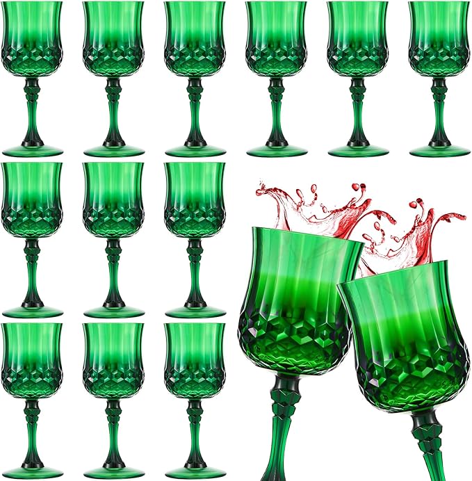 Pinkunn 12 Pcs 7 oz Plastic Vintage Wine Glasses Reusable Colored Goblets Patterned Drinking Water Glasses Cup Dishwasher Safe for Valentine's Day Wedding Reception Party Supplies (Green)