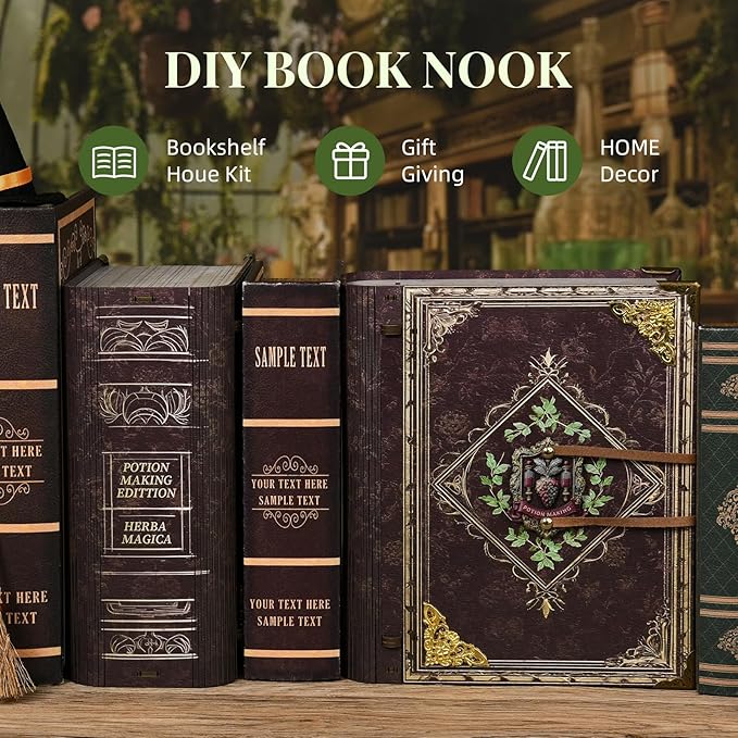 Book Nook Kit - DIY Magic Book Miniature Dollhouse Booknook Bookshelf Decor 3D Wooden Puzzle, Gifts for Family, Friends (Potion-Making Edition)