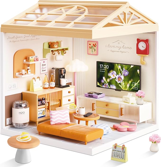 BeepZipp DIY Miniature House Kit for Adults, LED Living Room Dollhouse Kit with Furniture & Roof, Creative Building Toy for Mini Figures, Adult Craft Kits & Room Decor Gift