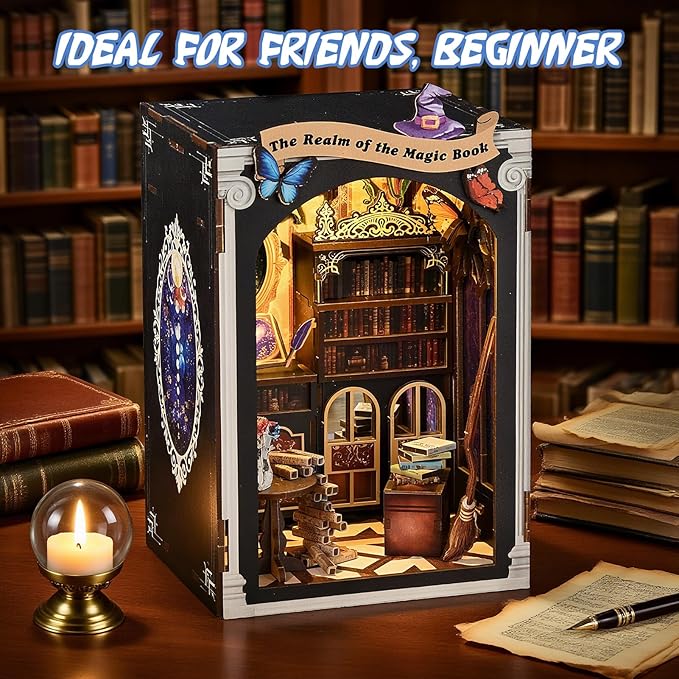 KERNOWO Book Nook Kit, DIY 3D Wooden Puzzles for Adults, Teens and Beginners, Miniature Tiny House Kit for Bookshelf Decor, Bookish Gift for Family, Friends, Book Lovers (Magic Book)