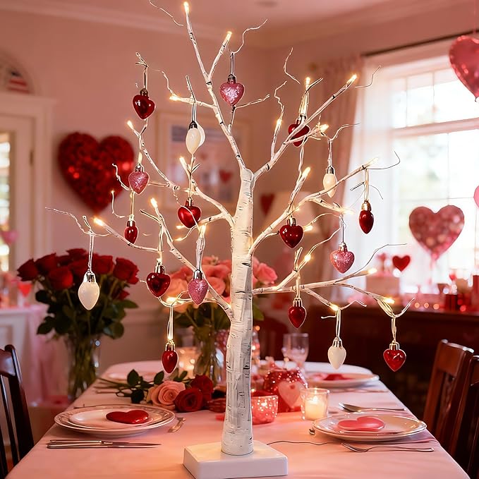 HipTree 2-Pack Lighted Valentines Day Easter Spring Christmas Tree Decorations Indoor, 2ft Birch Tree with LED Lights, Small Tabletop Patriotic Tree with Lights, Warm White Battery- Powered