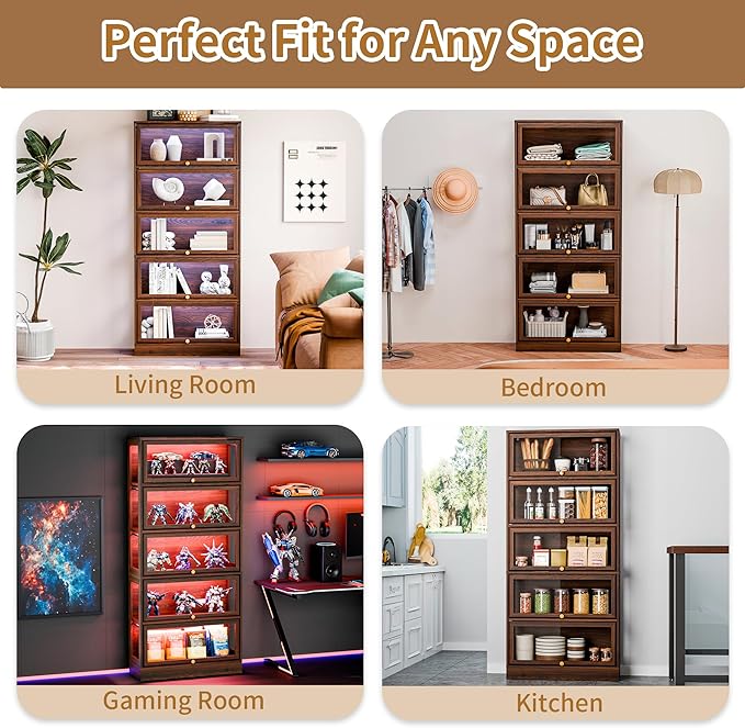 Display Cabinet with Acrylic Glass Doors,5-Tiers Curio Cabinet with LED Lighting for Collectibles, Collectibles Toy Organizers Rack & Display Shelf Display Case Storage Cabinet, Walnut