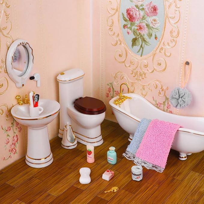 HCEWSBFD 1:12 Dollhouse Miniature Porcelain Bathroom Set 5Pcs White Ceramic Toilet Basin Bathtub Mirror Miniature Furniture with 15Pcs Doll Accessories Comb,Bathball,Water Cup,Toothbrush Toothpaste