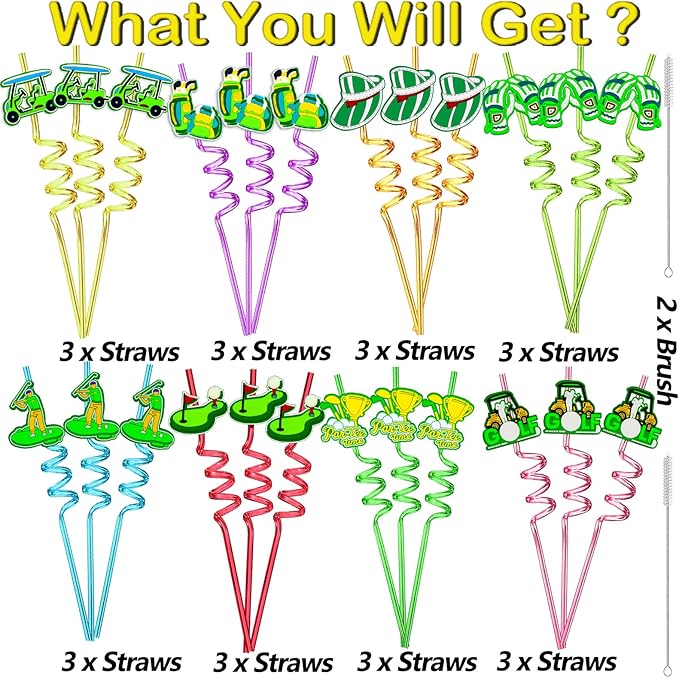 MEAXUR 24pcs Golf Themed twisty Reusable Straws for Golf Party Favor Gift Bags,Daily Drinking Straws,Birthday Party,Class Reunions,Sports Golf Party supplies,With 2 Cleaning Brushes.(8color)