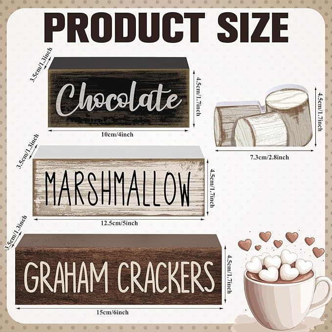 Moucuny 4 Pcs Winter Table Decoration Wooden Marshmallow Chocolate Christmas Tiered Tray Decor Xmas Centerpiece Decorative Hot Cocoa Marshmallow Block Signs Gift Winter Decoration for Home Kitchen