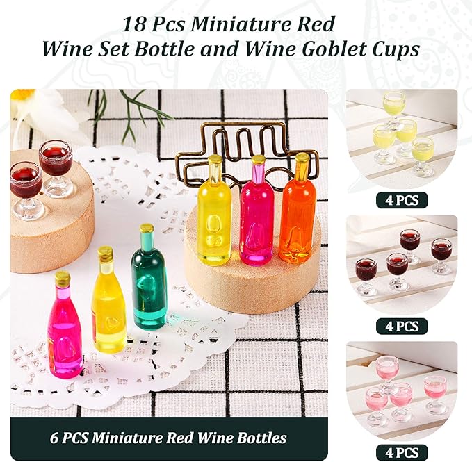 Sumind 18 Pieces Dollhouse Wine Bottles Champagne Cups for Doll Miniature Glasses Goblet Cups Mini Miniature Drink Bottles Kitchen Accessories for Dollhouse Decors(Red Wine Style)