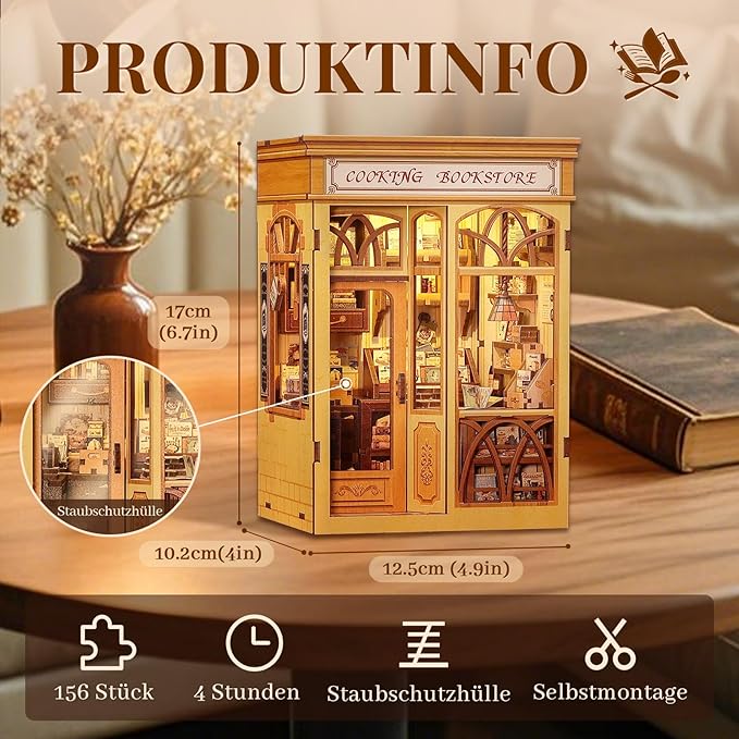 Cutefun Book Nook Kit - DIY Miniature Dollhouse Kit 3D Creative Decorative Bookend 3D Wooden Puzzle for Adults, Bookshelf Insert Library Decor with LED Light (Cooking Bookstore)