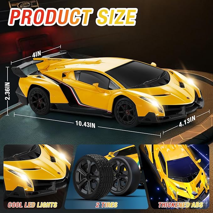 Lamborghini Remote Control Car for Boys 3-7, 1:18 Scale Lambo Toy Car Official Licensed,RC Drift Car 20Km/h with LED Lights, 2.4GHz RC Cars for Adults Boys Girls 8-12 Birthday Gifts (Yellow)