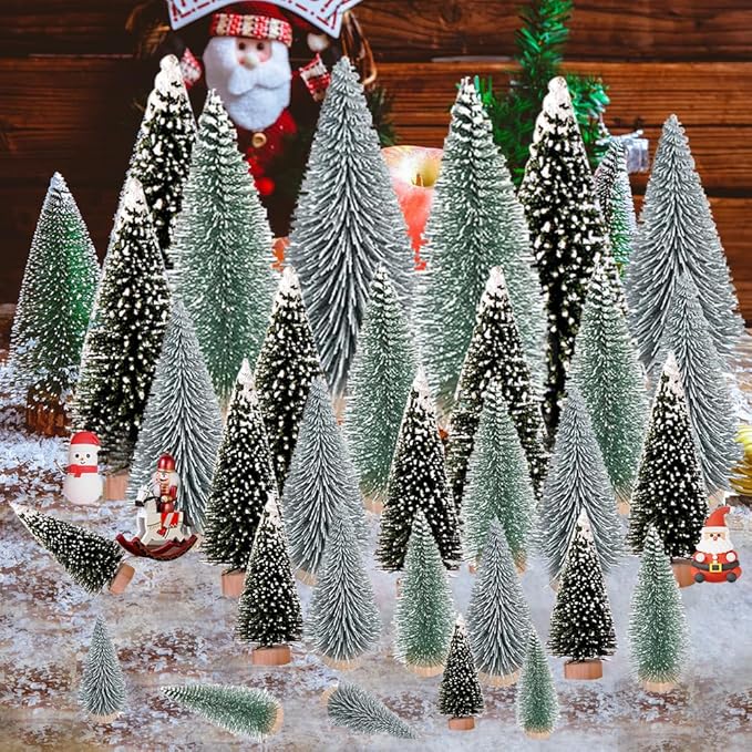 Yahpetes Christmas Tree 30 Pcs Artificial Christmas Trees Bottle Brush Trees with 5 Sizes, Sisal Snow Trees with Wooden Base for Christmas Crafting and Designing(Silver,Green,Dark Green, 30Pcs)