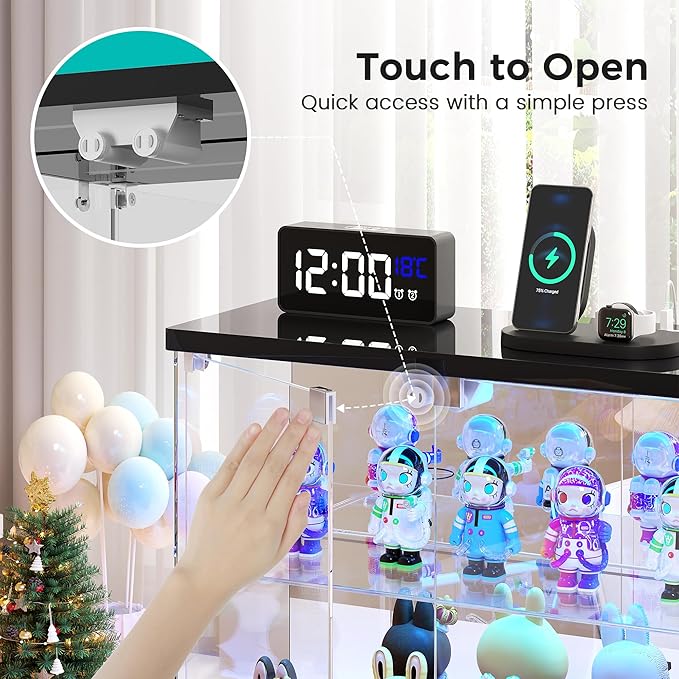 2pcs LED Clear Glass Display Case - for Figures & Collectibles, Small 2-Tier Display Cabinet with Charging Station, Display Box with Lights & Human Sensor, for Model Car, Perfume, Black