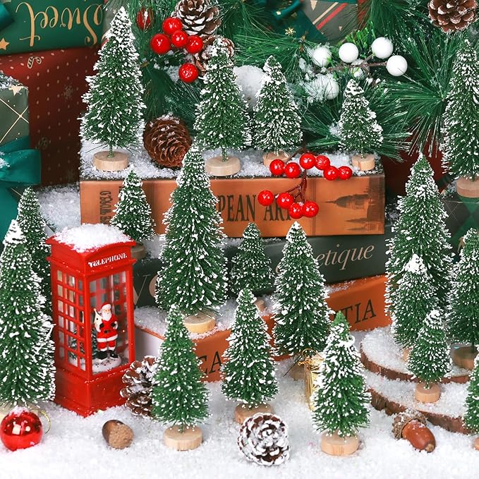 30Pcs Mini Christmas Tree Decor, Artificial Christmas Tree 5 Sizes,Mini Sisal Snow Frost Trees with Wooden Base for Christmas Decor Christmas Party Home Table Craft Decorations (B/Green)