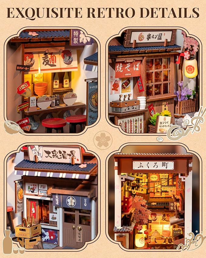 ROBOTIME Book Nook Kit DIY Miniature House Kit for Adults 3D Wooden Puzzle Bookends Bookshelf Diorama Insert Dollhouse Creative Decorative Unique Gifts for Teens and Beginners (Sakura Wine Alley)