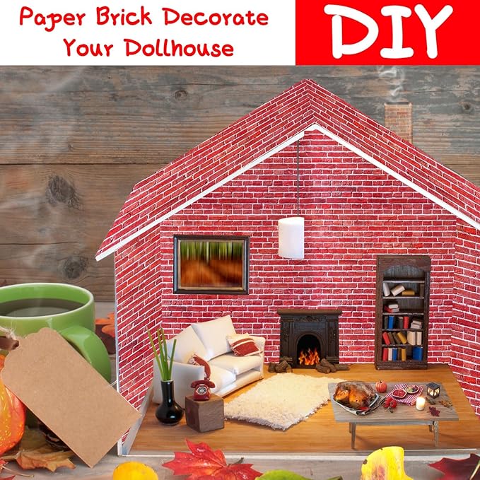 35 Pcs Miniature Dollhouse Wallpaper Self-Adhesive Mini DIY Floorboards Wall Paper Real Life DIY Decoration for Dollhouse(Red)