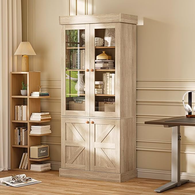 71" Tall Farmhouse Kitchen Pantry, Rustic Brown Wood Storage Cabinet with Glass Doors and Adjustable Shelves, Versatile Hutch for Dining Room, Living Room, Set of 2