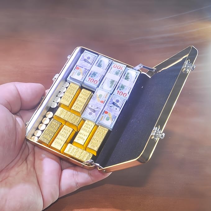 1:6 Scale Miniature Gold Briefcase Gift Set with Fake Gold Bars, 180Pcs Mini $100 Dollar Bills & Vintage Coins | Unique Collectible Display, Dollhouse Accessory & Fun Novelty Gift for Adults