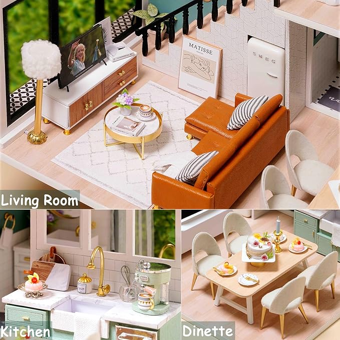 TuKIIE DIY Miniature Dollhouse Kit with Furniture, 1:24 Scale Creative Room Mini Wooden Doll House Accessories Plus Dust Proof & Music Movement for Kids Teens Adults(Comfortable Life)