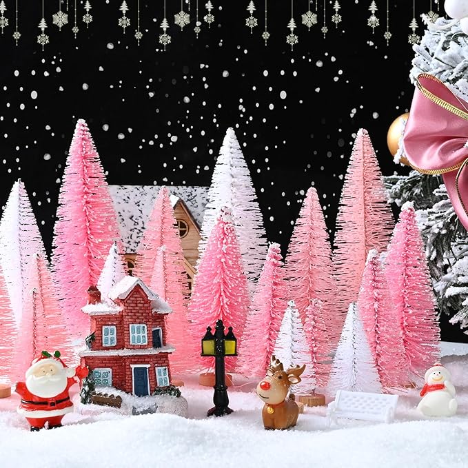 Waipfaru 21 Pcs Bottle Brush Christmas Trees, Mini Christmas Table Decor, Miniature Pine Trees for Xmas Tabletop Crafts Indoor Decor (Pink & White)