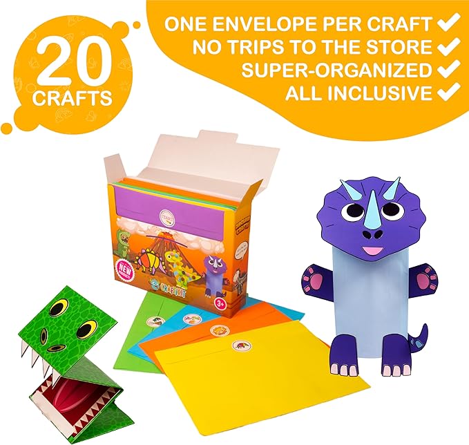 Craftikit® 20 Award-Winning Dinosaur Crafts for Kids - All-Inclusive Fun Dinosaur Crafts for Kids Ages 3-10 - Organized Toddler Craft Kit