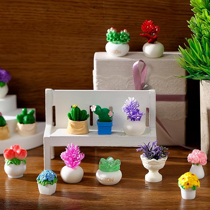 Threehoney 30 Pcs Miniature Dollhouse Plants Accessories Mini Artificial Potted Flower Tiny Resin Greenery Cactus Figurines for Doll House Gift DIY Garden Bonsai Micro Landscape Decoration(Succulents)