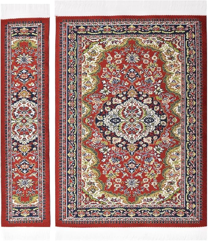 iLAND Miniature Dollhouse Accessories Vintage of Woven Dollhouse Rug 9.4” x 5.7” 9.2" x 1.8" for Dollhouse Furniture on 1/12 Scale and Dolls 3” - 12” (2pcs Love)