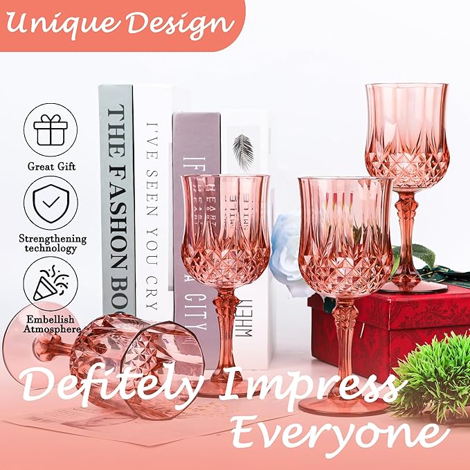 LEYIQU Plastic Wine Glasses, Plastic Goblets Vintage Style Cordial Drinking Glasses for Valentine’s Day, Wedding Reception, Grand Event Party Supplies (48, Rose Gold)